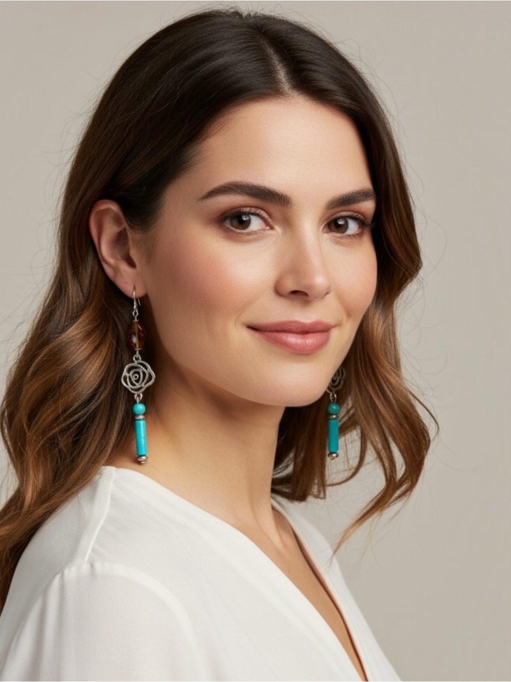 Turquoise Drop Rose Filigree Earrings - Women Jewelry